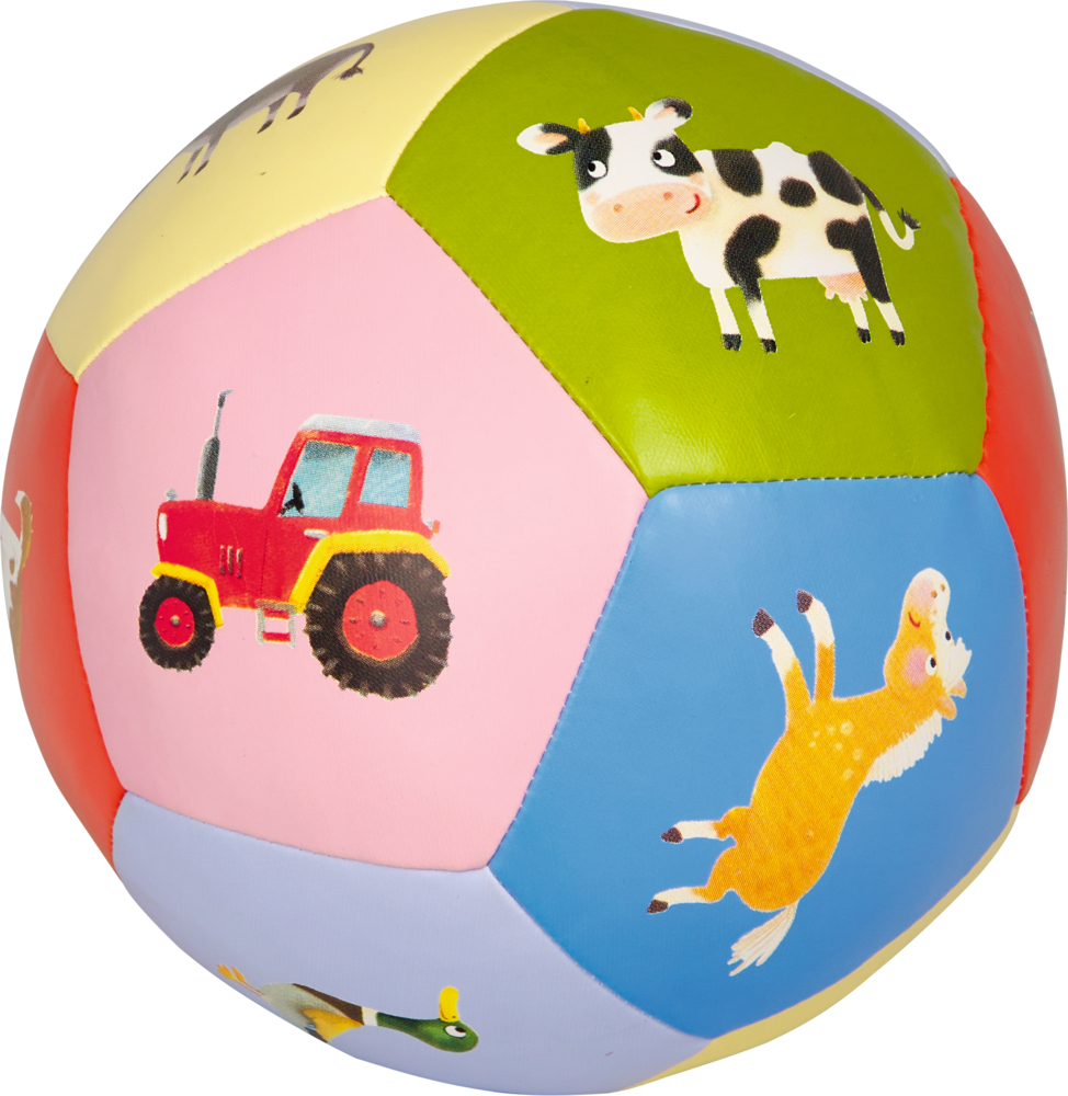 Bunter Ball mit Comic-Bildern von Kuh, Traktor, Pferd und weiteren Bauernhoftieren auf den einzelnen Feldern.