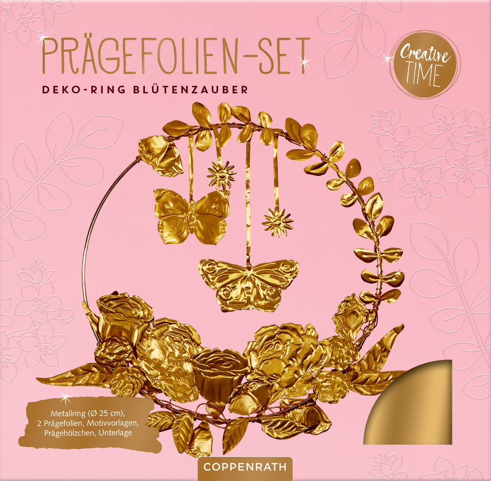 Goldene Blumen und Schmetterlingprägung auf rosa Hintergrund mit Text und dekorativen Elementen.