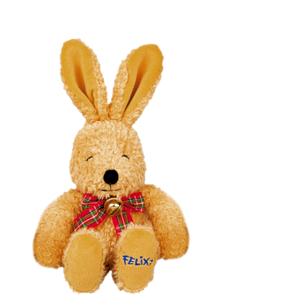 Plüschhase mit langen Ohren, karierter Schleife und Glöckchen sitzt aufrecht. Auf einer Pfote ist "Felix" gestickt.