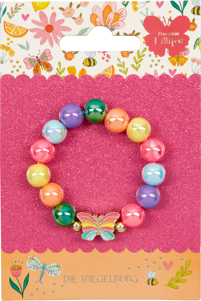 Buntes Armband mit Schmetterlingsanhänger auf pinker Glitzerkarte, Blumen- und Schmetterlingsmotive.