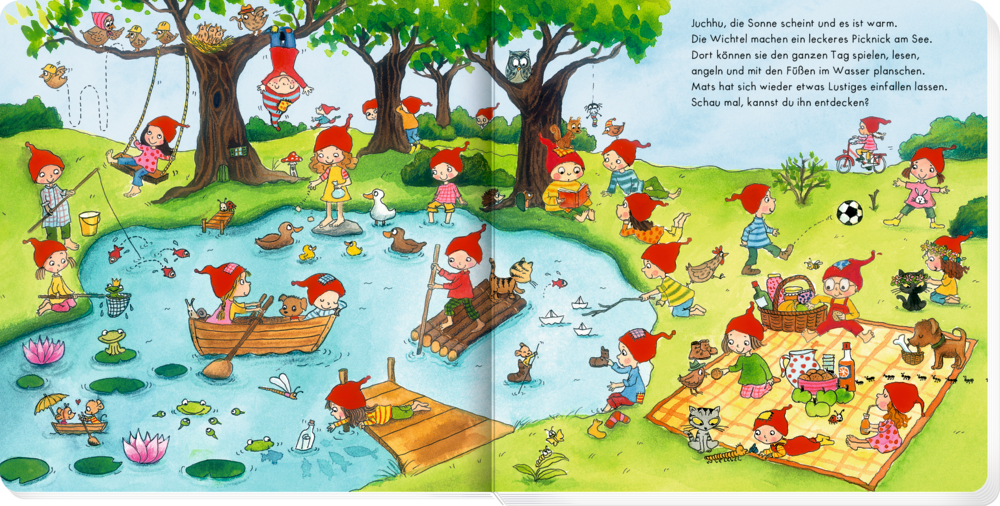 Wichtel mit roten Hüten spielen, picknicken, schwimmen und rudern in Booten an einem Teich im bunten Park.