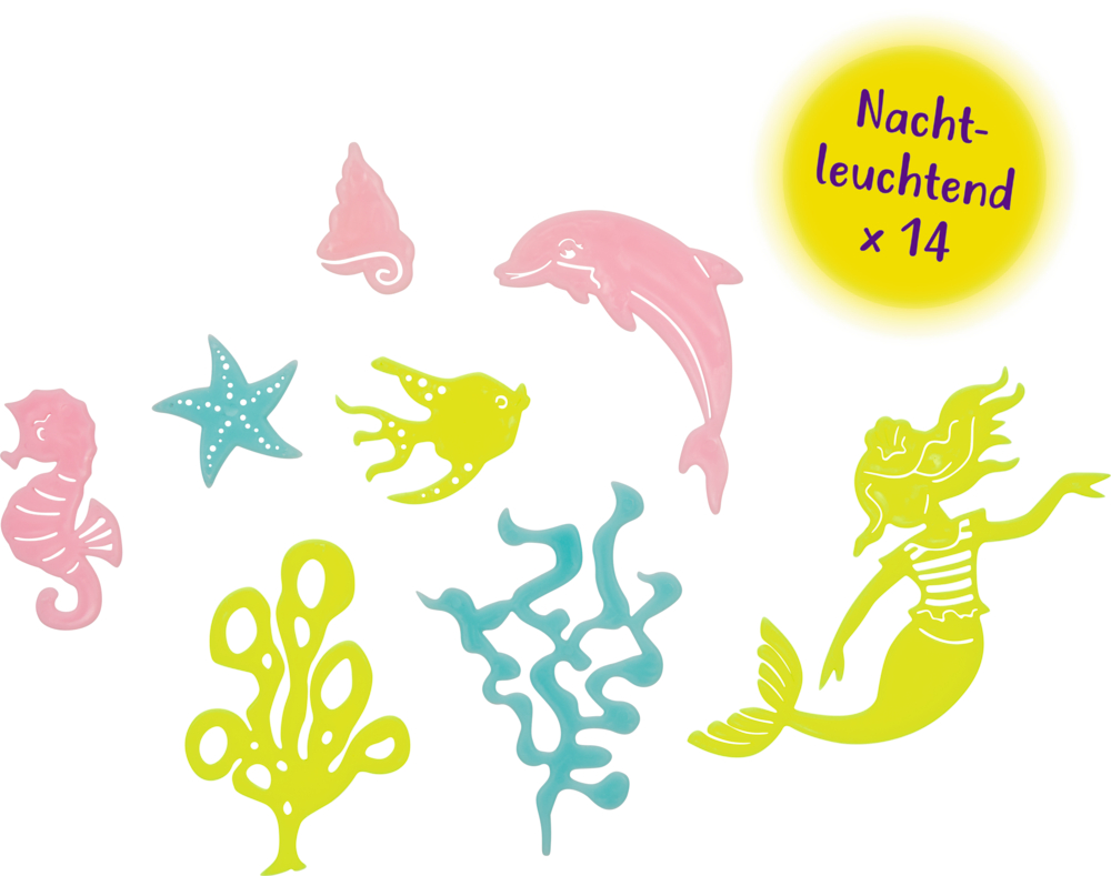 Nachtleuchtende Meerjungfrau und andere Meereslebewesen.