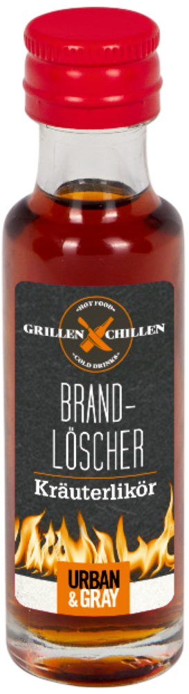 Kleine Flasche Kräuterlikör mit rotem Deckel, schwarzem Etikett und Flammengrafik unten.