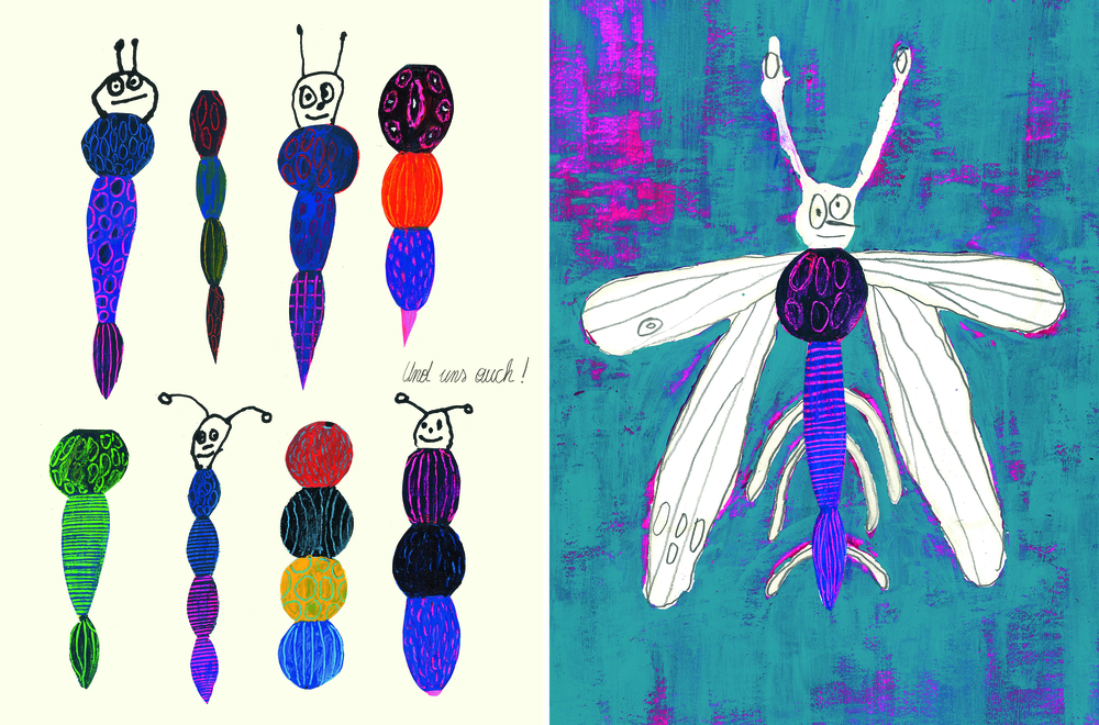 Links abstrakte, bunte Käfer, rechts ein großer, skurriler Käfer auf blauem Hintergrund.