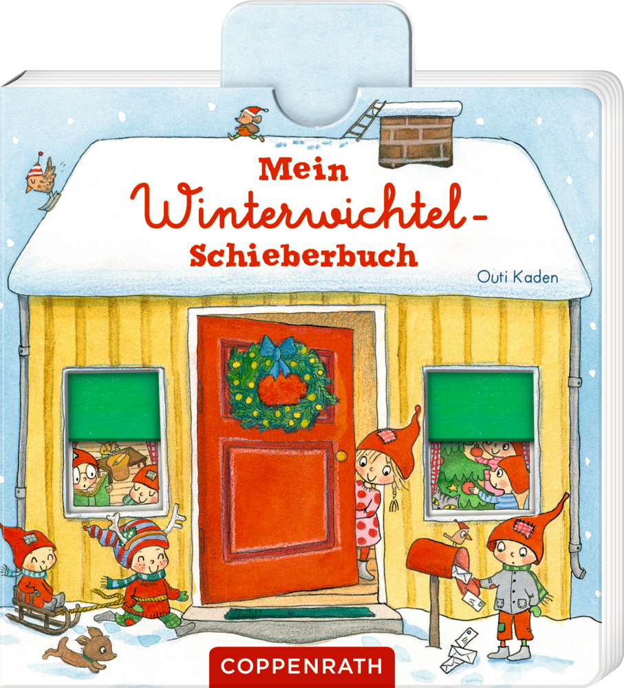 Wichtel mit roten Mützen sind drinnen und draußen an einem verschneiten, gelben Haus mit Kranz auf der roten Tür, auf dem Cover von " Mein Winterwichtel-Schieberbuch".