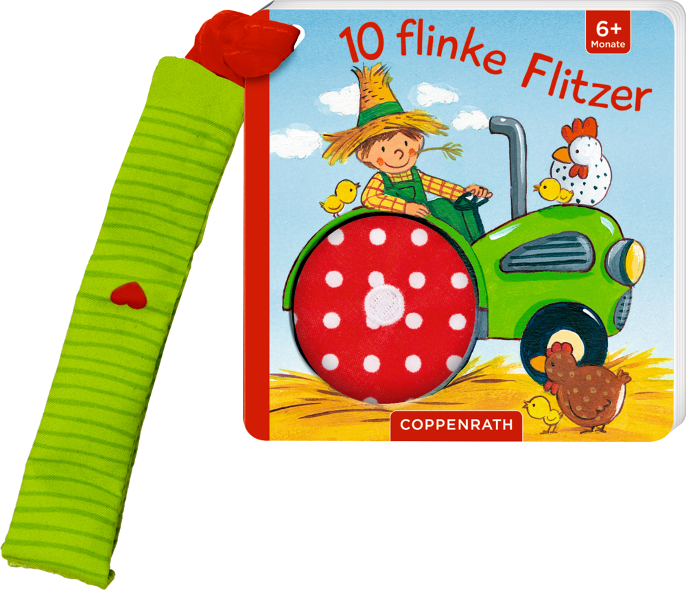 Mein erstes Fühl-Buch für den Buggy: 10 flinke Flitzer Kinderbuch „10 flinke Flitzer“ mit beiliegender grüner Stoffschlaufe und einem Trecker mit Mann auf dem Cover.