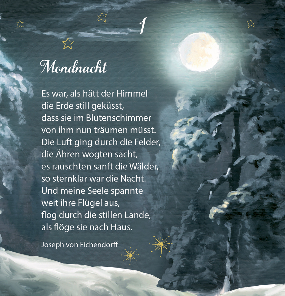 Verschneiter Nachtwald, leuchtender Vollmond und Eichendorffs Gedicht „Mondnacht“.