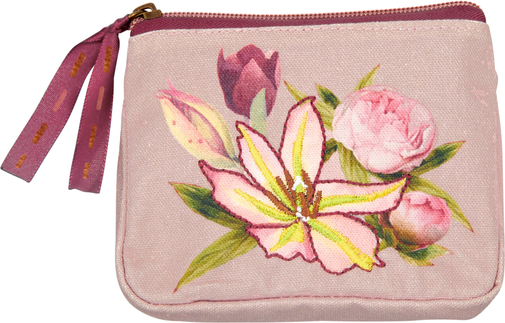 Hellrosa Portmonee mit Reißverschluss und Blumenmuster, mit einer Lilie und anderen Blumen.