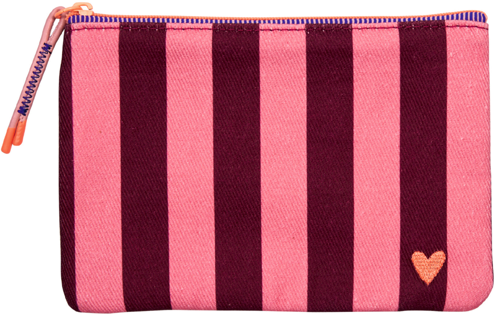 Kleine Tasche mit senkrechten rosa und dunkelroten Streifen, Reißverschluss und kleinem apricotfarbenem Herzmotiv unten rechts.