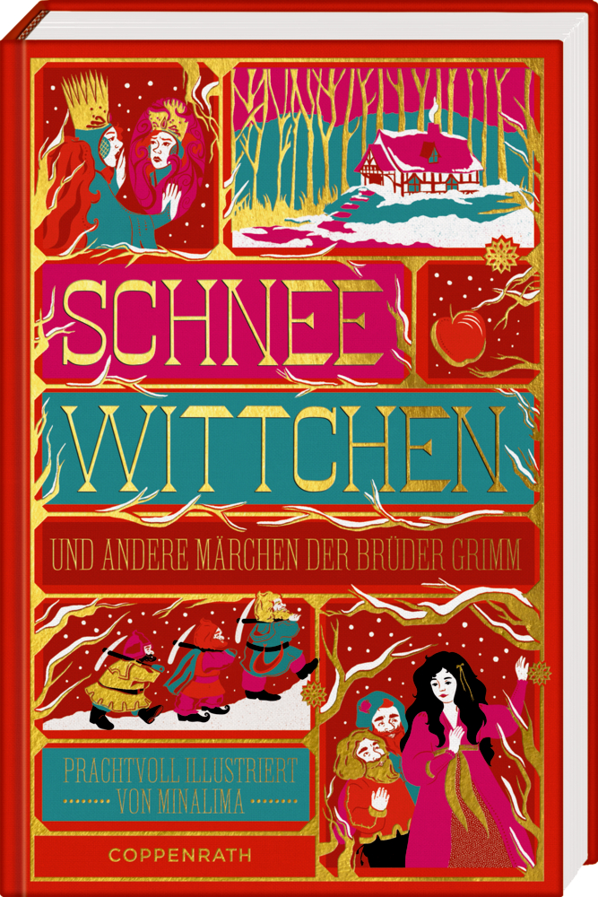 Schneewittchen und andere Märchen der Brüder Grimm (MinaLima) Farbenfroher Schneewittchen-Bucheinband mit Märchenillustrationen und kunstvollem Goldtext.