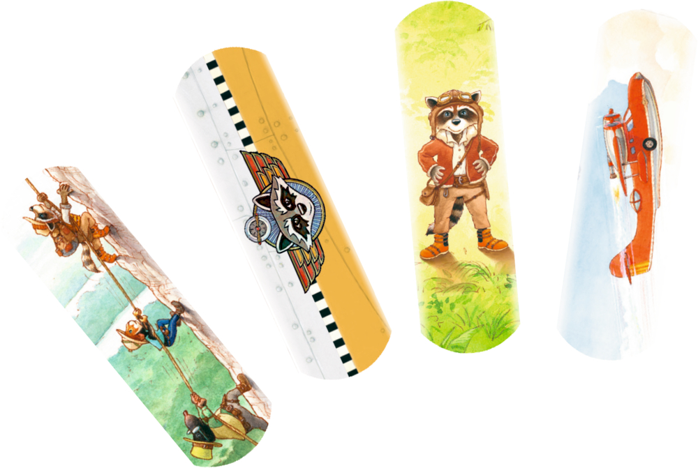 Vier bunte Streifen mit verspielten Waschbär- und Abenteuer-Motiven.