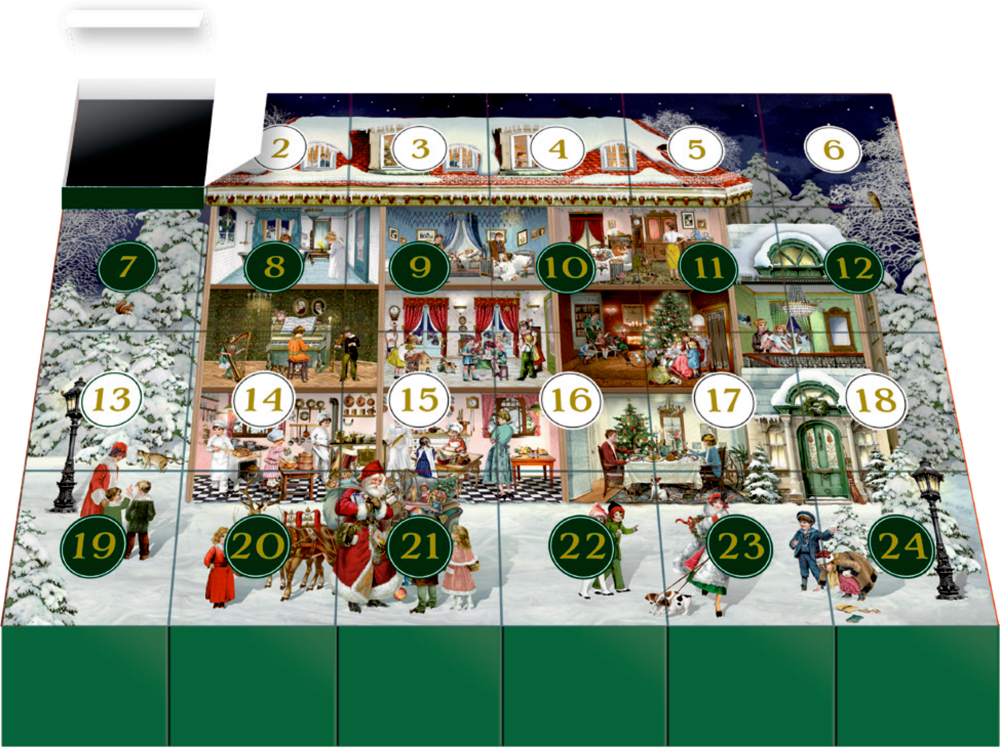 Festlicher Winterhaus-Adventskalender mit nummerierten Türen, Schnee und Menschen.
