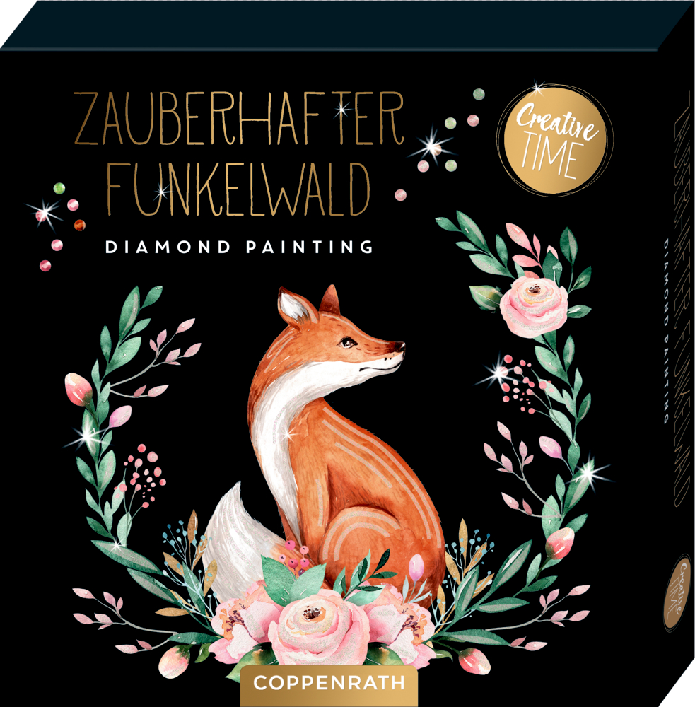 Zauberhafter Funkelwald - Diamond Painting (Creative Time) Fuchs zwischen Blumen und Blättern auf schwarzem Hintergrund, beschriftet mit „Zauberhafter Funkelwald“.