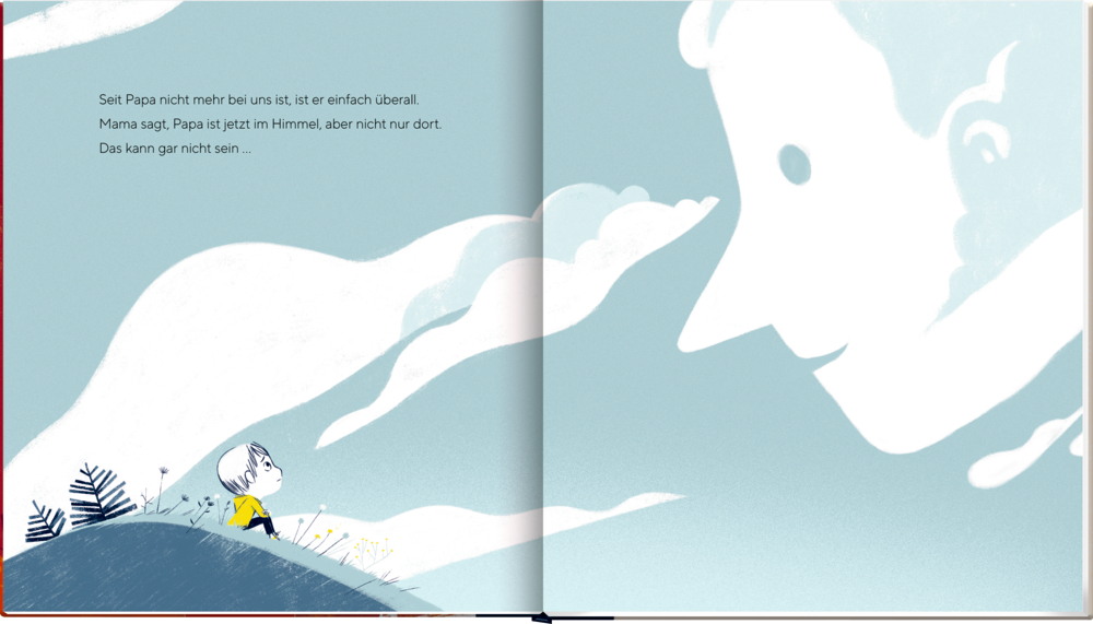 Ein Kind sitzt auf einem Hügel und blickt in den Himmel, wo Wolken ein großes Gesicht geformt haben, mit  Text auf einer Innenansicht.