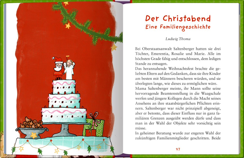 Seite von illustriertem Weihnachtsbuch mit Weihnachtsmann und dem Christkind auf einer großen Torte neben einer Weihnachtsgeschichte.