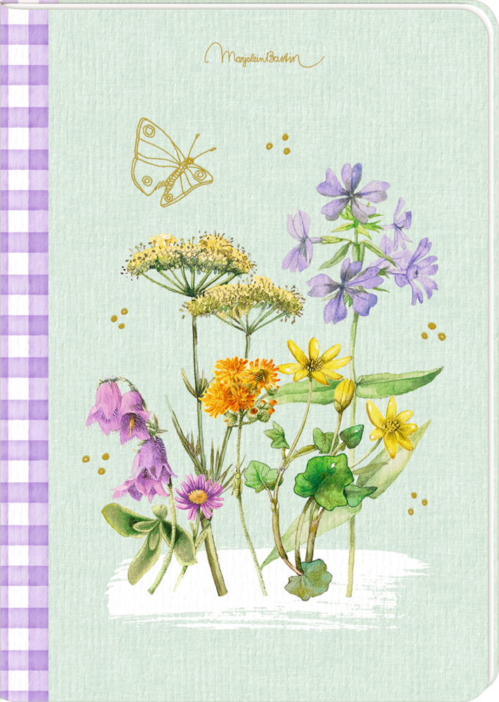 Bunte Wildblumen, ein Schmetterling und goldene Akzente zieren einen grün-violetten Notizbucheinband.