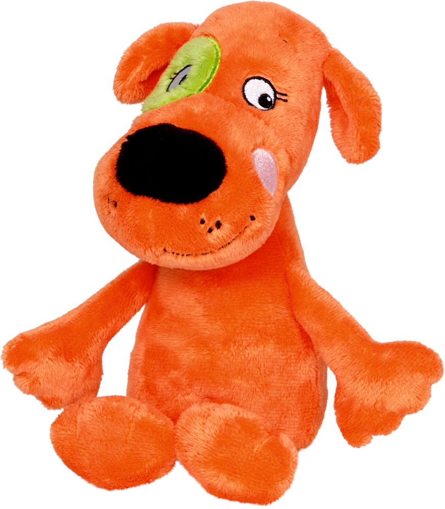 Plüschfigur Hund Henri Die Lieben Sieben Orangefarbenes Plüsch-Hundespielzeug mit großer schwarzer Nase, grüner Augenklappe und einem freundlichen Lächeln.