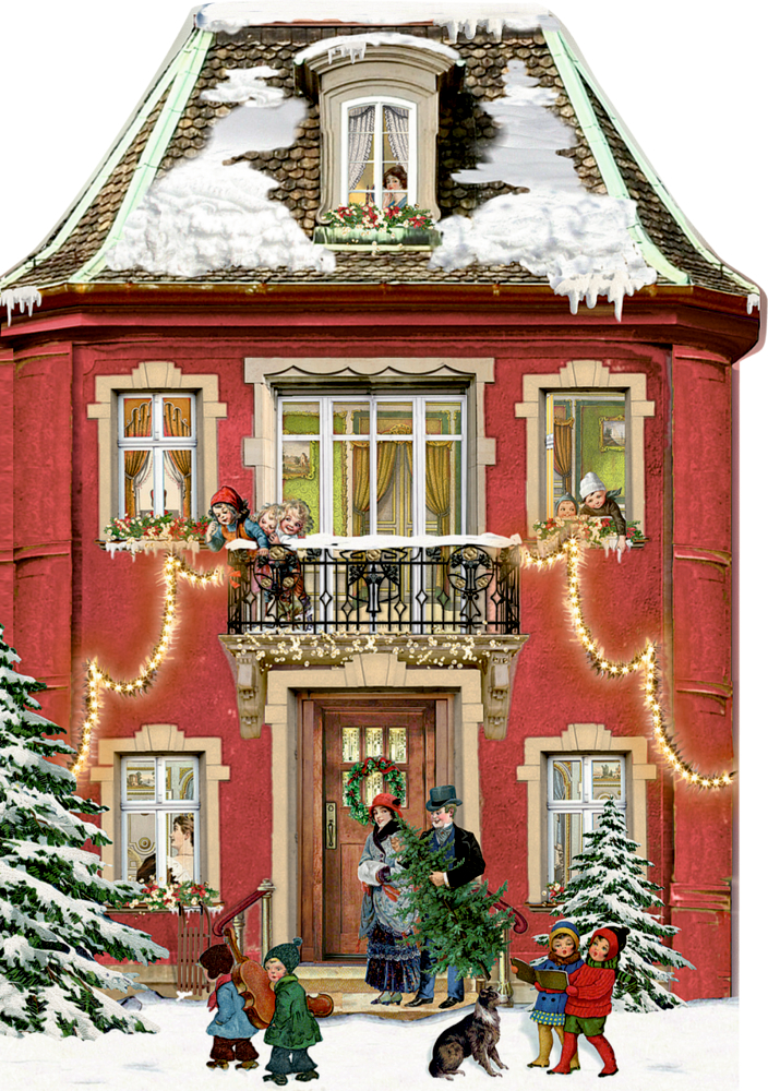Verschneites rotes Haus mit Weihnachtsbeleuchtung; spielende Kinder und Erwachsene draußen, die einen Baum tragen.