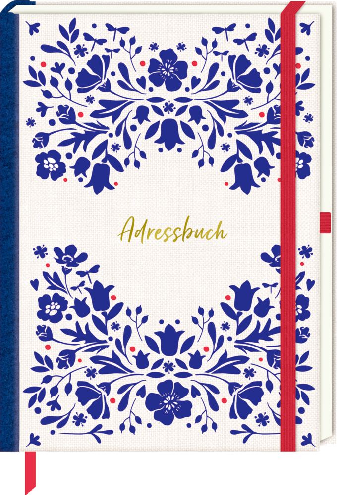 Adressbuch mit blauen Blumenmustern, goldenem "Adressbuch" Text, rotem Gummiband und blauem Buchrücken.