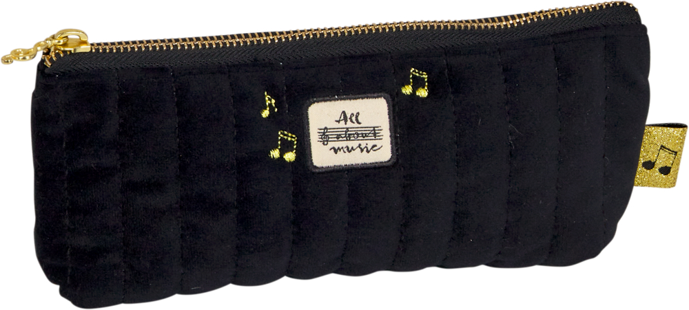 Schwarzes Täschchen mit Reißverschluss, goldene Noten und "All about music" vorne aufgestickt.