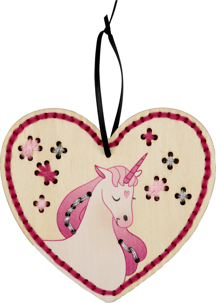 Holzherz mit rosa Einhorn, sichtbaren Nähten am Rand und schwarzem Band zum Aufhängen.