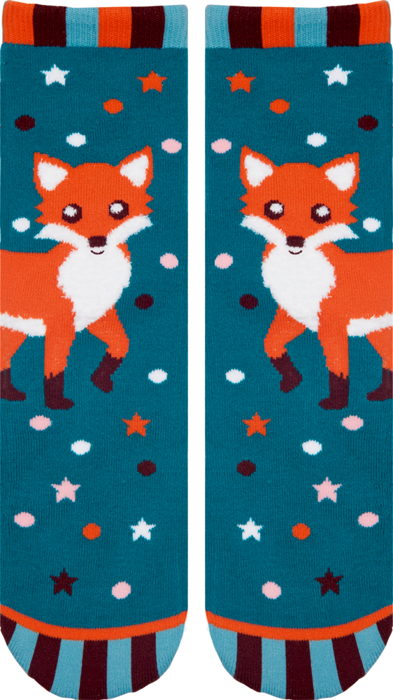 blau/grün, Magic Socks - Wintertiere im Weihnachtswald (one size) Blaue Socken mit einem Fuchs, bunten Punkten und Sternen mit orangefarbenen, weißen, rosa und braunen Akzenten.