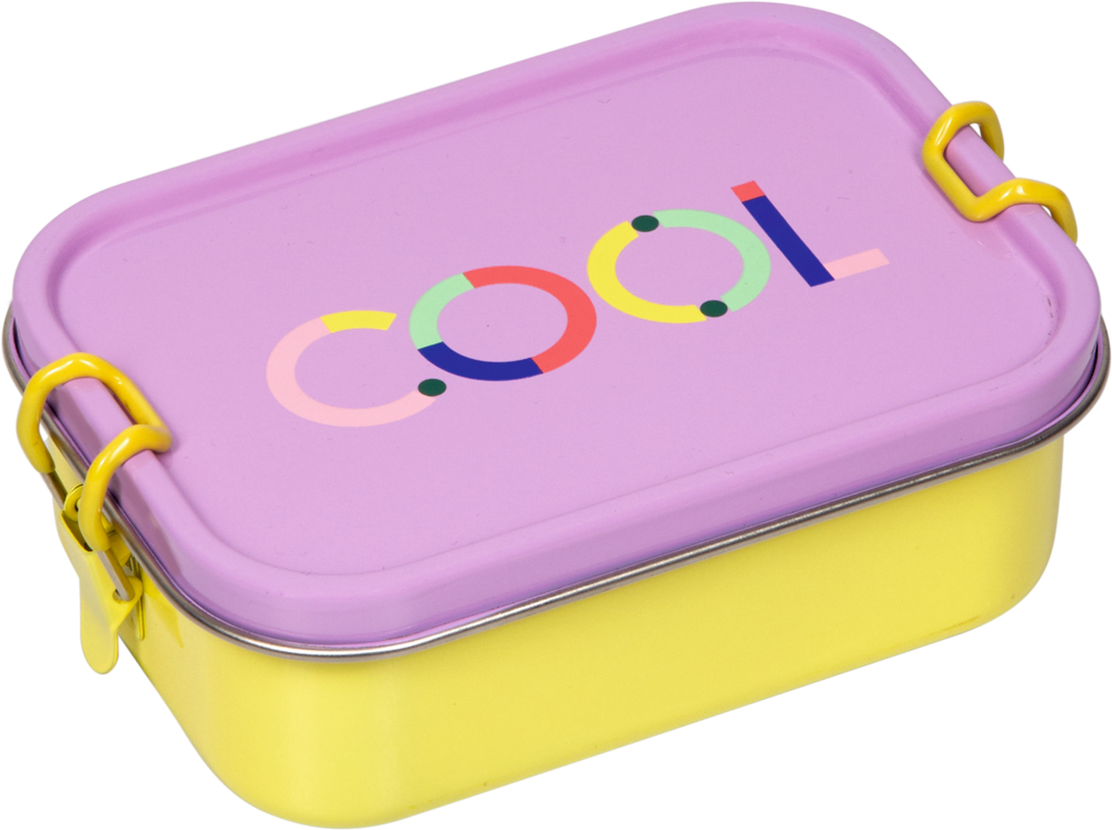 Lunchbox, flieder - TO GO Rechteckige Lunchbox mit gelbem Boden, violettem Deckel und „COOL“ in bunten Buchstaben oben drauf.