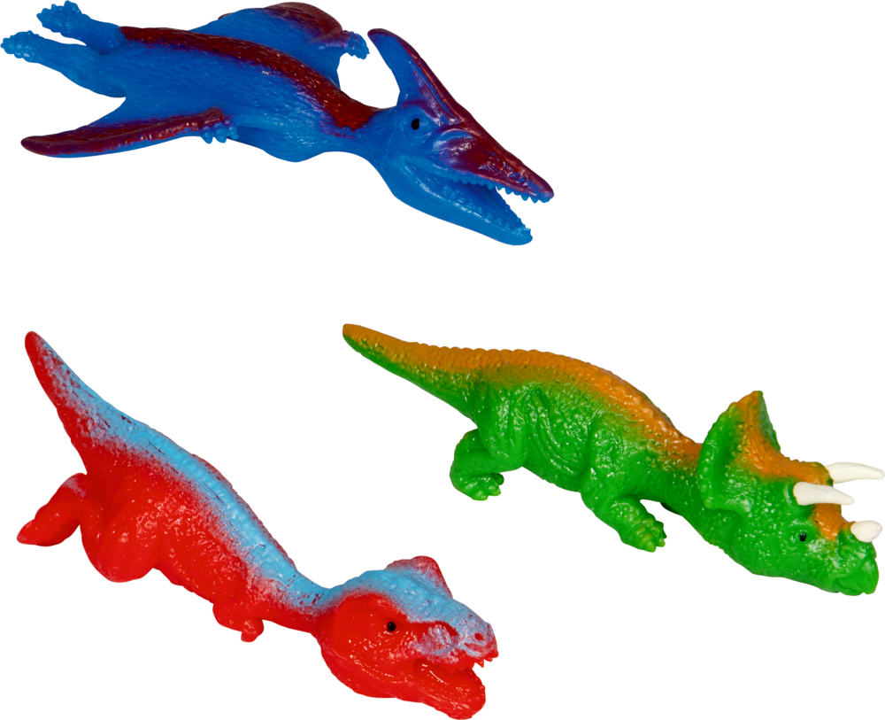 Flitsche-Dino T-Rex World Drei bunte Dinosaurierspielzeuge aus Plastik: blauer Flugsaurier, grüner Triceratops und roter Theropode.
