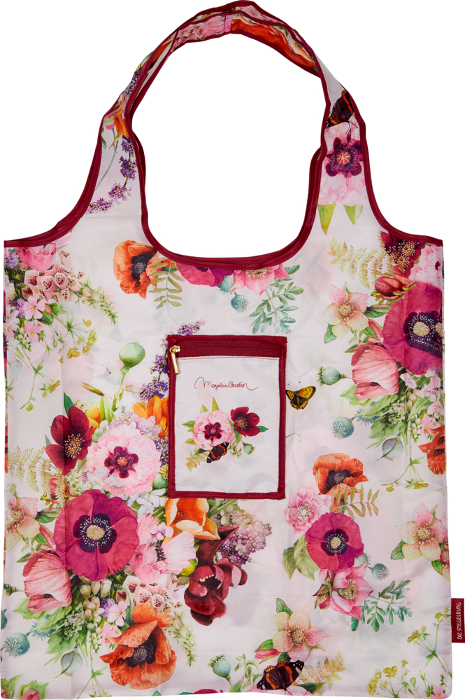 Faltshopper Blütenzauber (Bastin) Weißer Stoffbeutel mit dunkelrotem Blumenmuster und kleiner Vordertasche.