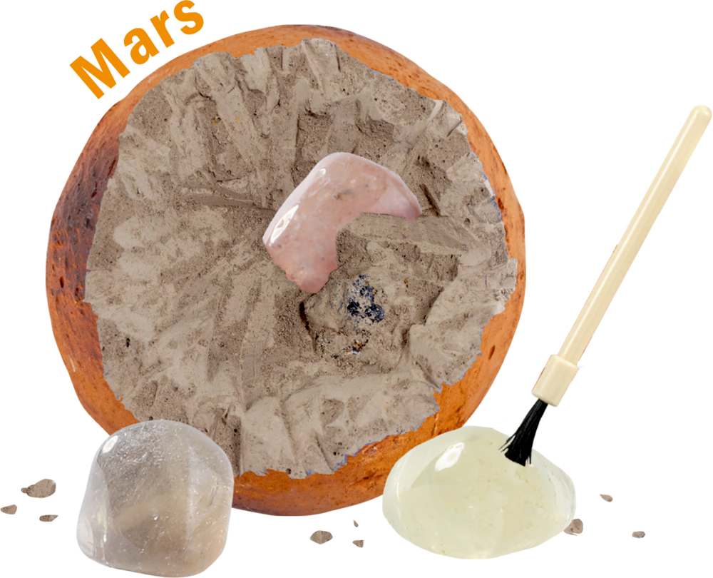 Orange Ausgrabungskugel aus Kreide, halbem rosa Stein, zwei freigelegten Steinen, Pinsel und der Beschriftung „Mars“.
