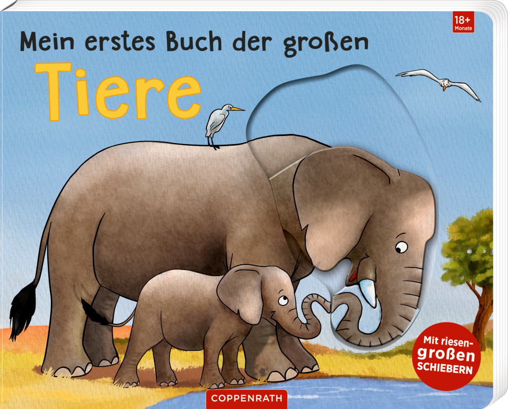 Zwei Elefanten und zwei Vögel stehen nebeneinander. Oben steht Mein erstes Buch der großen Tiere.