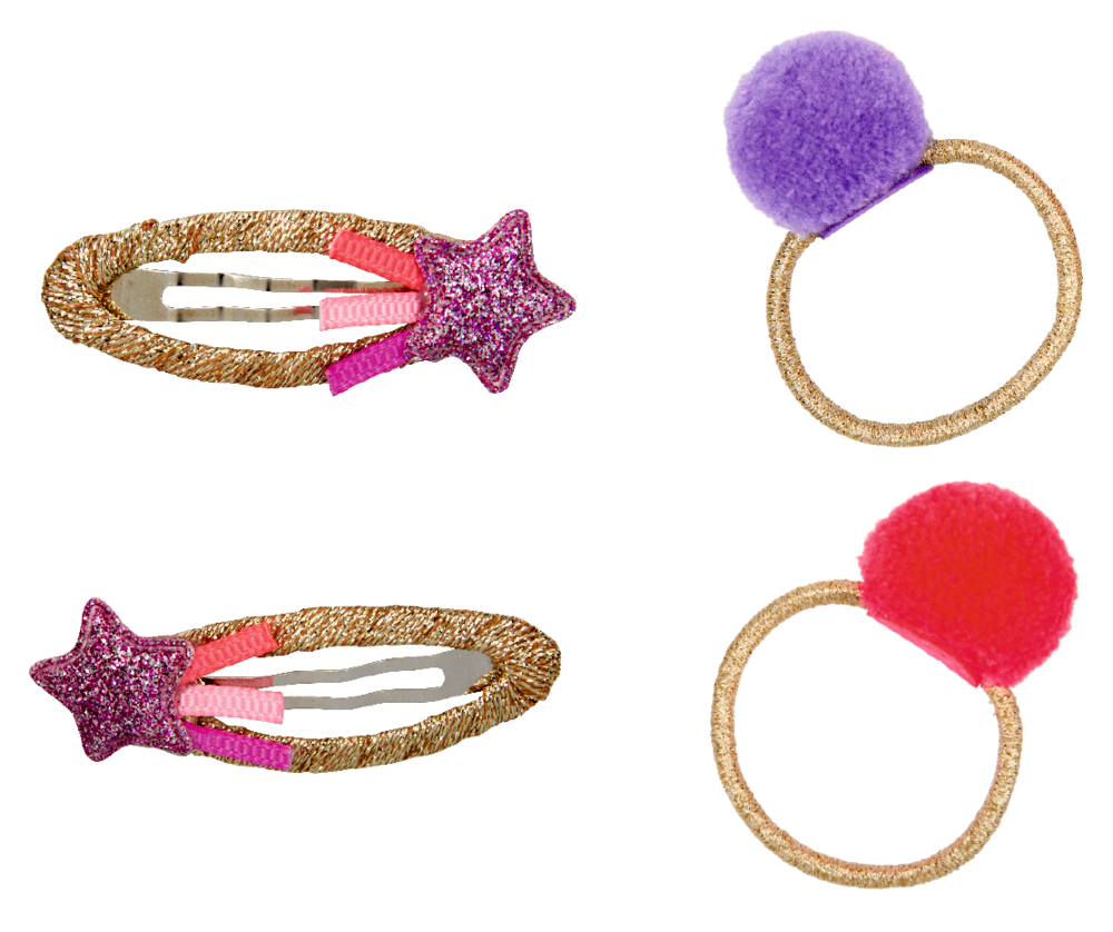 Set mit zwei Haarspangen mit glitzernden Sternen und zwei Haargummis mit einem roten und einem lila Pompon.