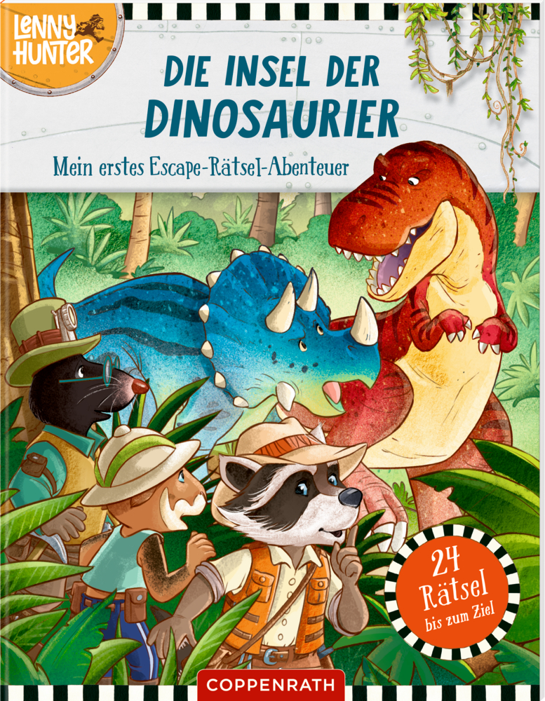 Drei Tiere in Entdeckerkostümen stehen in einem Dschungel einem roten T-Rex und einem blauen Triceratops gegenüber.
