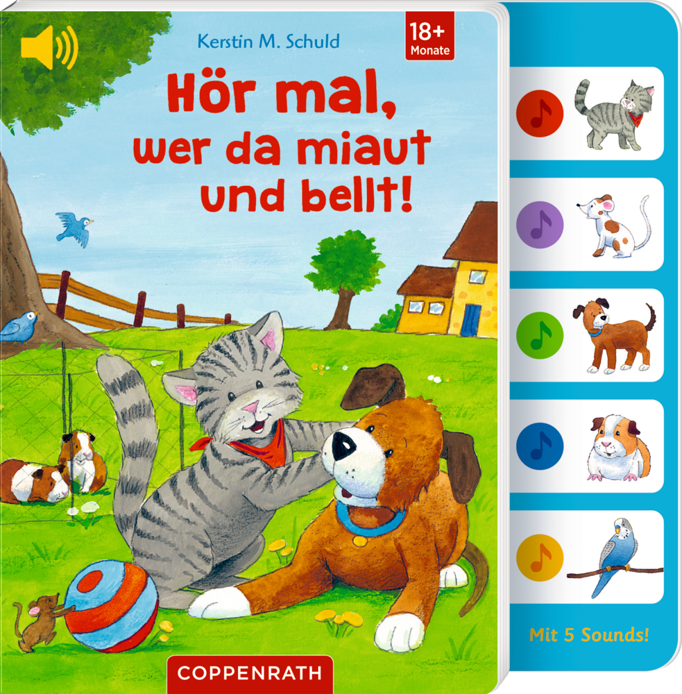 Hör mal, wer da miaut und bellt! (Soundbuch) Eine Katze und ein Hund spielen draußen auf dem Cover von "Hör mal, wer da miaut und bellt!", an der Seite des Büches befinden sich Soundknöpfe.
