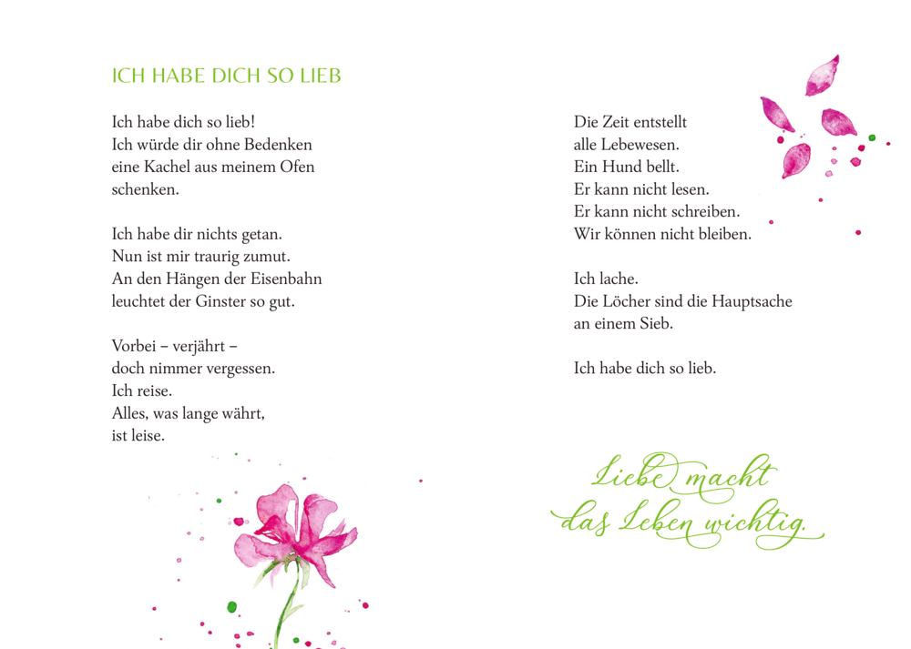 Ein  Gedicht auf einer Doppelseite in grün-schwarzem Text mit rosa Blumenillustrationen und Kalligrafie am unteren Rand.