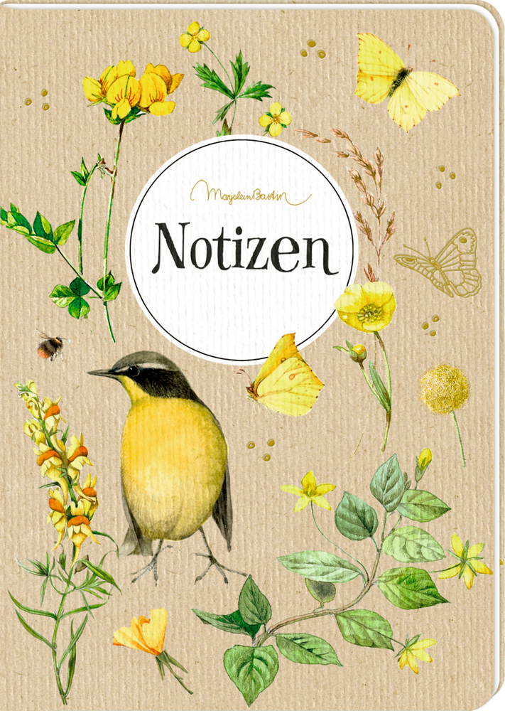 Gelber Vogel, Schmetterlinge und Wildblumen umgeben „Notizen“ auf einem strukturierten braunen Notizbuchumschlag.
