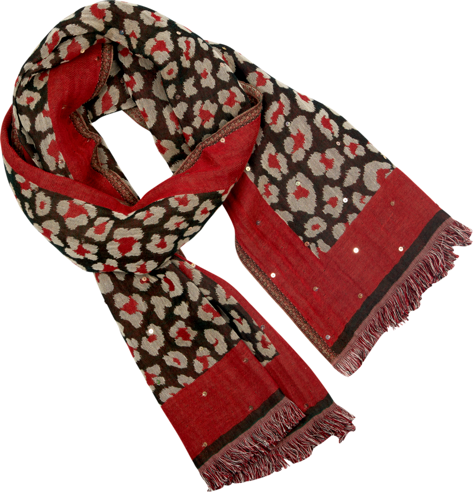 Rot-brauner Schal mit Animalprint und Fransenkanten, mit kleinen metallischen Akzenten für zusätzlichen Stil.