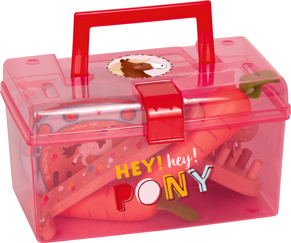 Spiel-Putzzeug - Mein kleiner Ponyhof Pinkfarbene Plastikbox mit Griff und der Aufschrift „HEY! hey! PONY“, gefüllt mit Pflegezubehör für Spielzeugponys.
