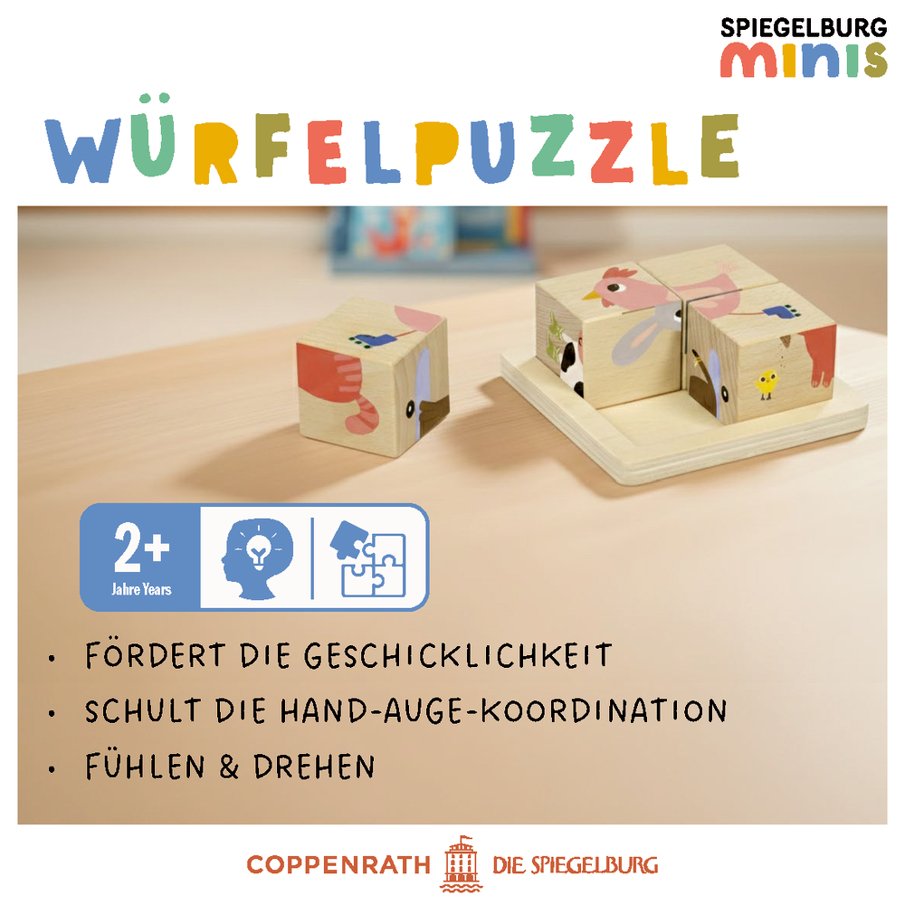 Holzpuzzle-Würfel mit Tiermotiven liegen auf einem Tisch. Dazu Produktangaben.