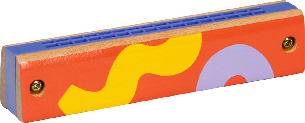Bunte Holz-Mundharmonika mit roten, gelben und lila Mustern. An jedem Ende sind zwei Schrauben sichtbar.