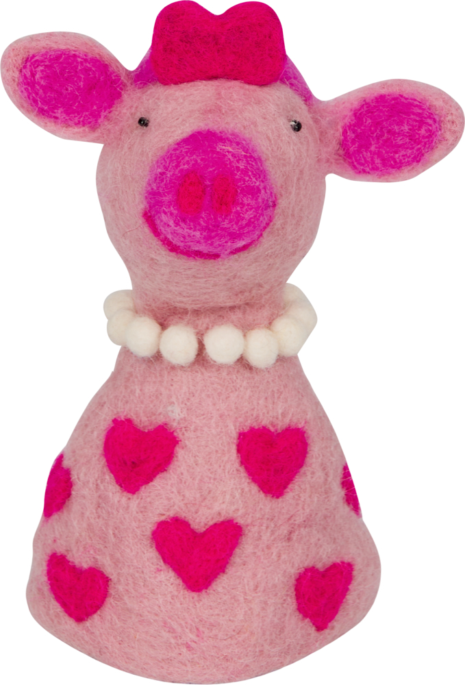 Rosa Filztier mit roter Schleife, Herzmustern und weißer Perlenkette.