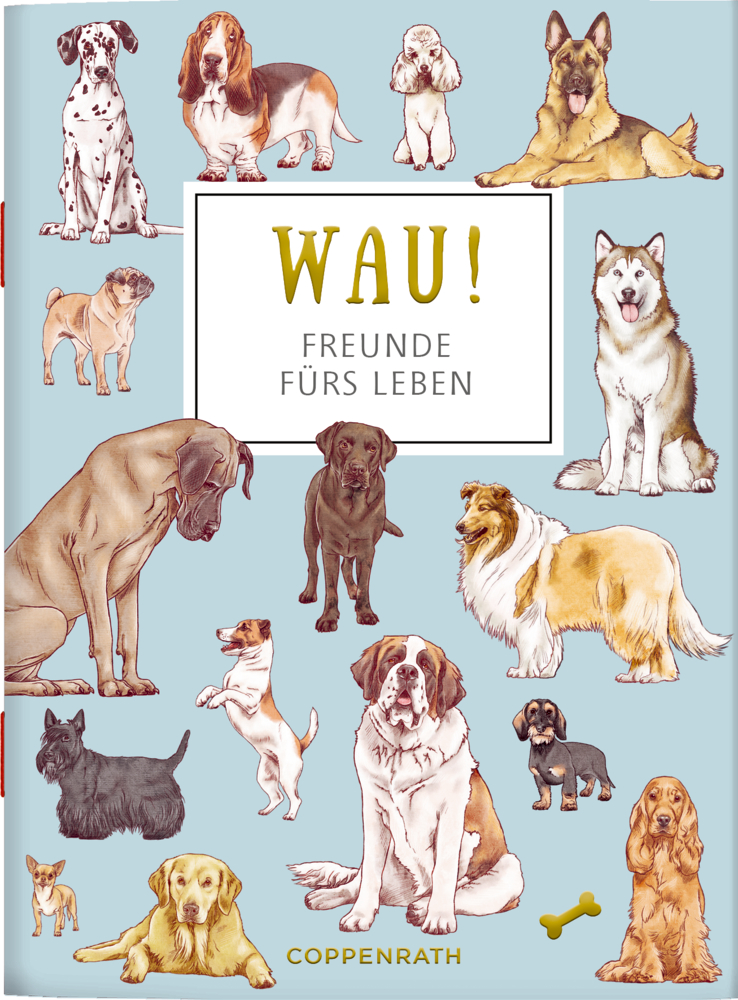 Schöne Grüße: WAU! - Freunde fürs Leben (cats & dogs) Illustration von Hunderassen auf blauem Hintergrund.