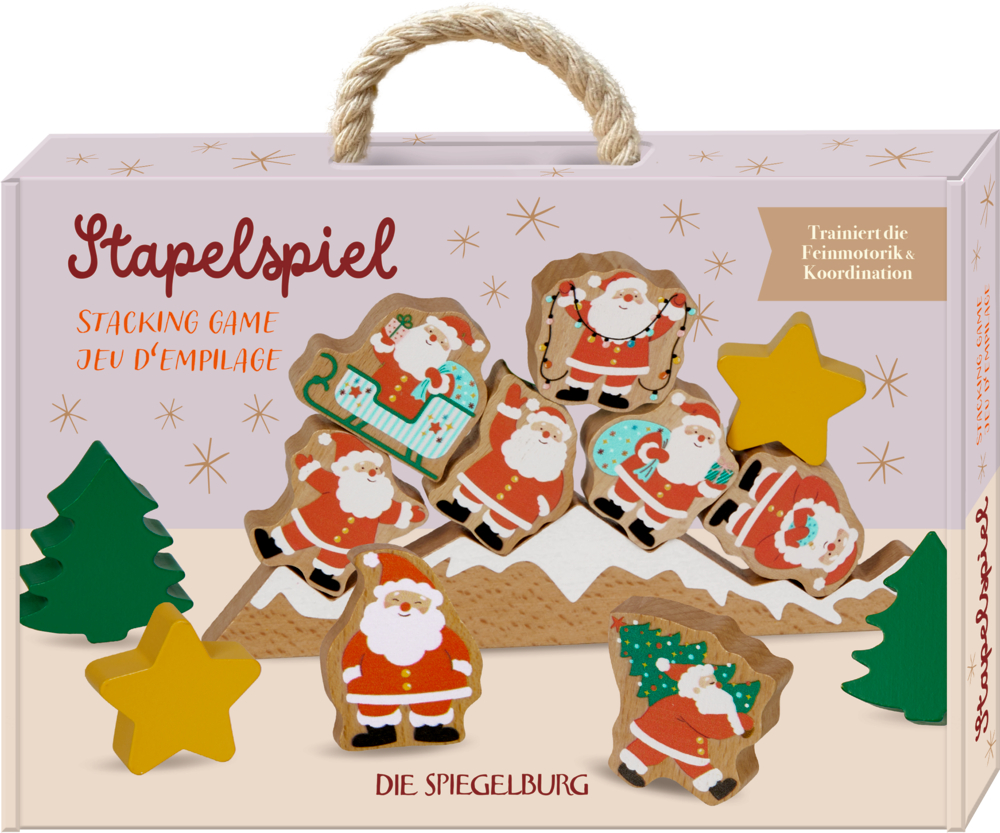 Stapelspielbox mit Weihnachtsmännern, Sternen und Bäumen aus Holz. Beschriftet mit „Stapelspiel“ und „Die Spiegelburg“.