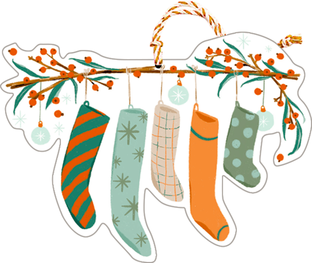 Detail der Weihnachtskarte: Fünf festliche Strümpfe hängen an einem mit orangefarbenen Beeren und Ornamenten geschmückten Zweig.
