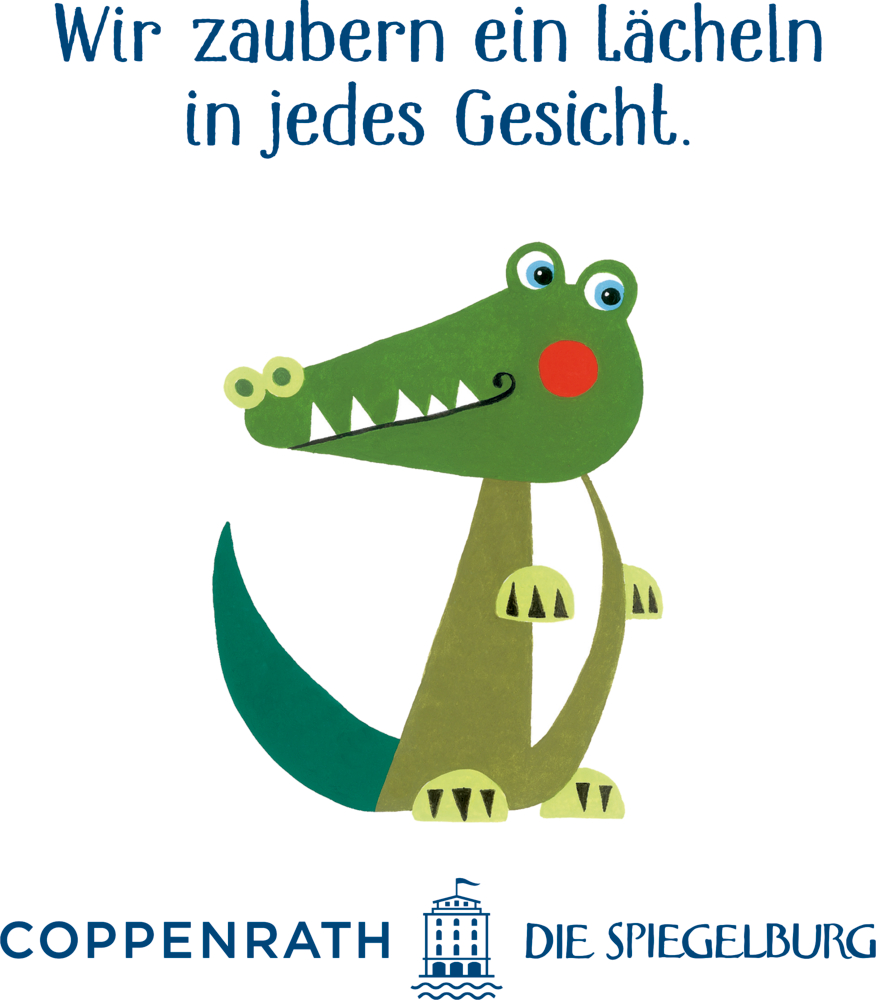 Lächelndes Cartoon-Krokodil mit deutschem Text und Coppenrath Die Spiegelburg-Logo oben und unten.