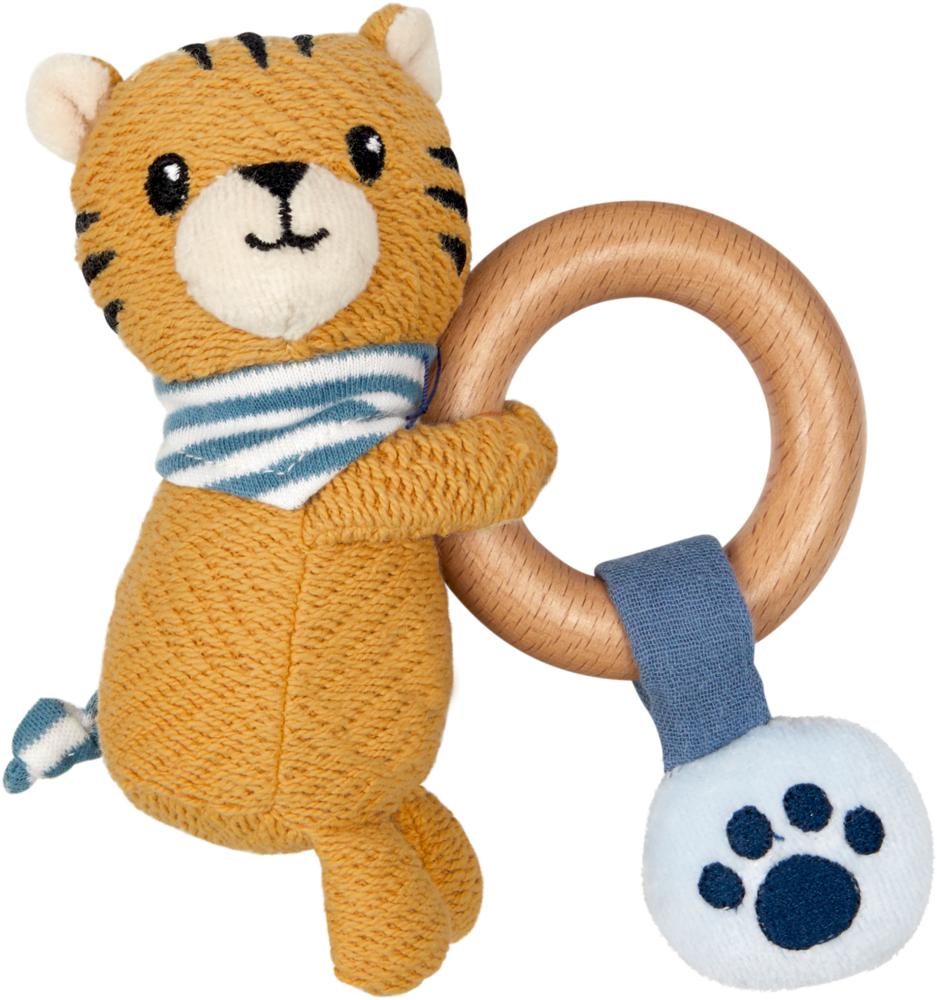 Plüschtiger mit gestreiftem Halstuch, der einen Holzring und ein blaues Pfotenabdruckschild hält.