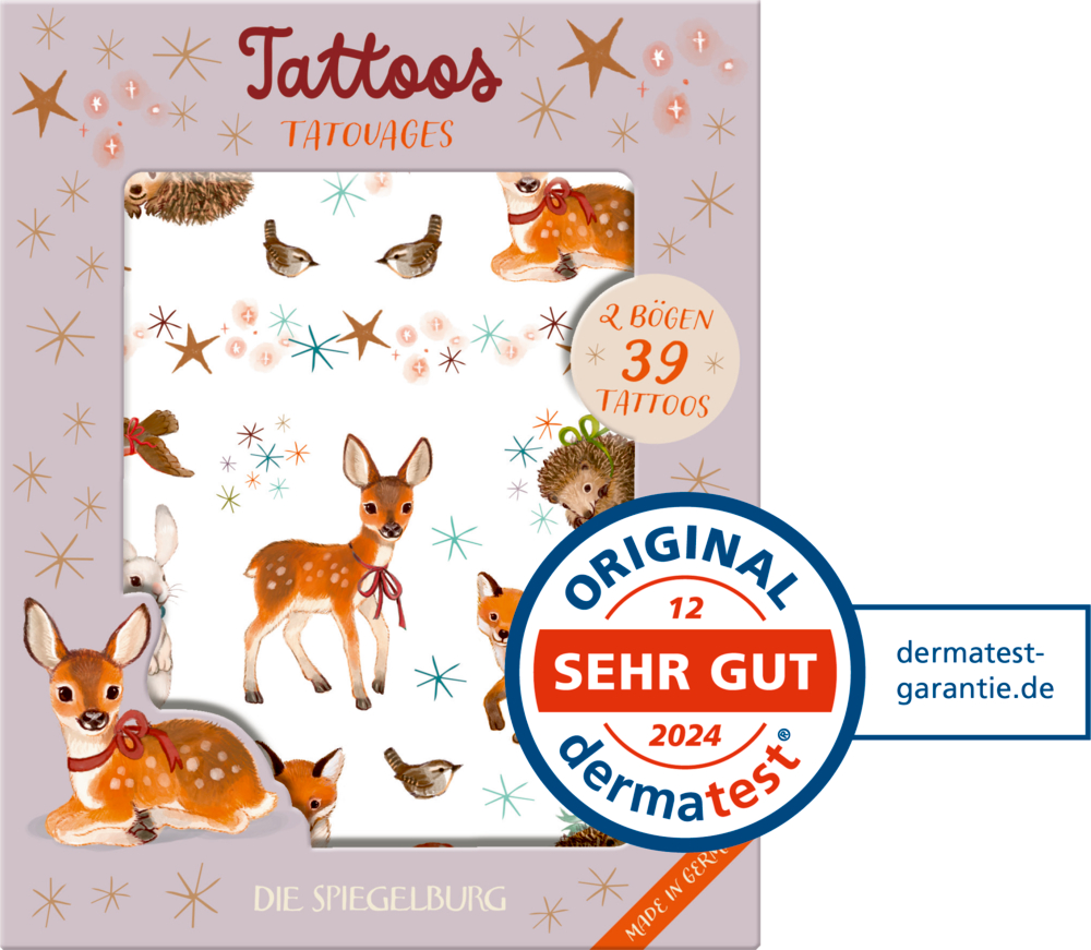 Tattoo-Set: 39 Tattoos mit Hirschen, Vögeln, Eichhörnchen & Sternen. Von Dermatest mit dem Prädikat "Sehr Gut" ausgezeichnet.