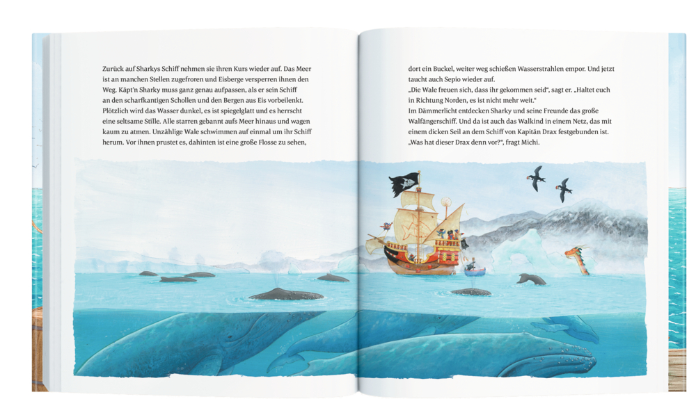 Illustration eines Schiffs, das zwischen Walen segelt, darüber Vögel, in einem Kinderbuch mit Text darüber.