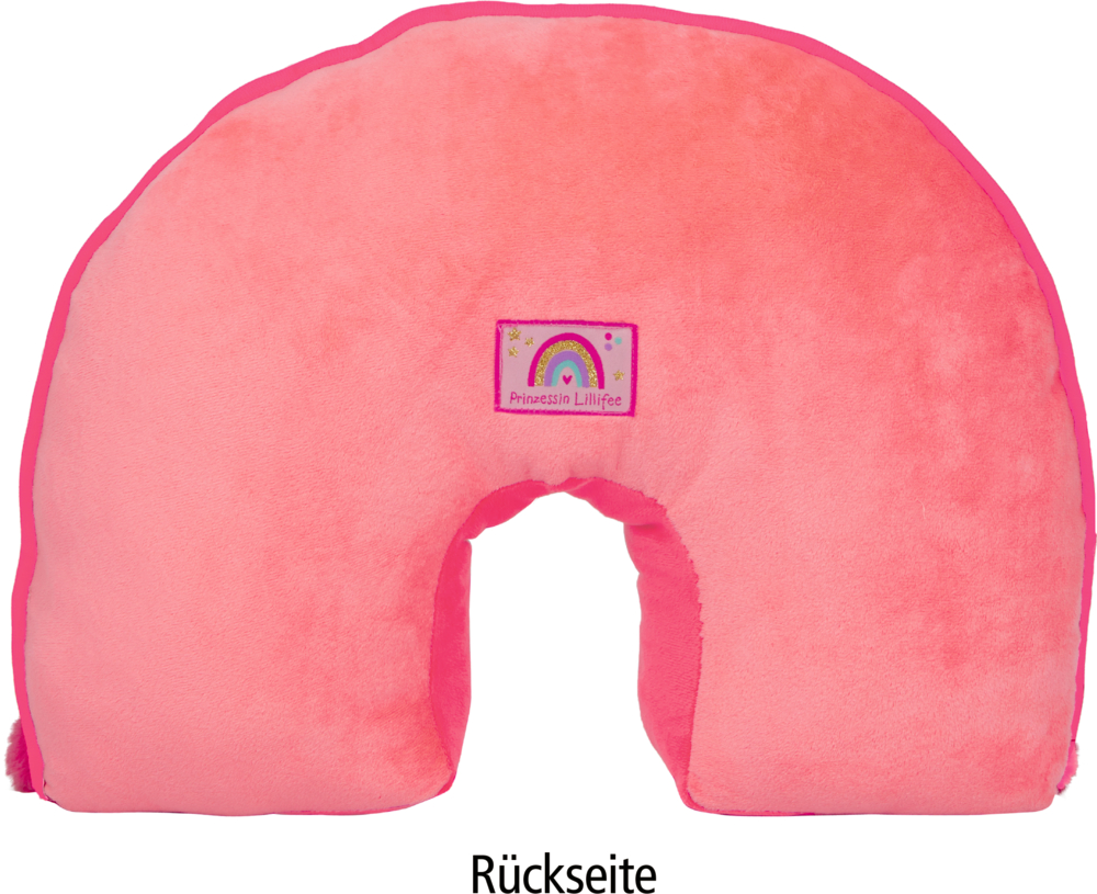 Rosa Nackenkissen in Halbmondform mit einem zentralen Regenbogenaufnäher mit der Aufschrift „Prinzessin Lillifee“.