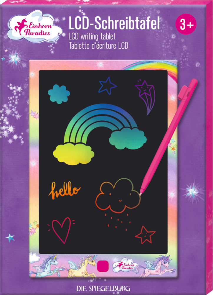 Buntes LCD-Schreibtablett mit Regenbogen, Sternen, Wolken und Kritzeleien in einer lila Einhorn-Klarsichtverpackung. Für Kinder ab 3 Jahren.